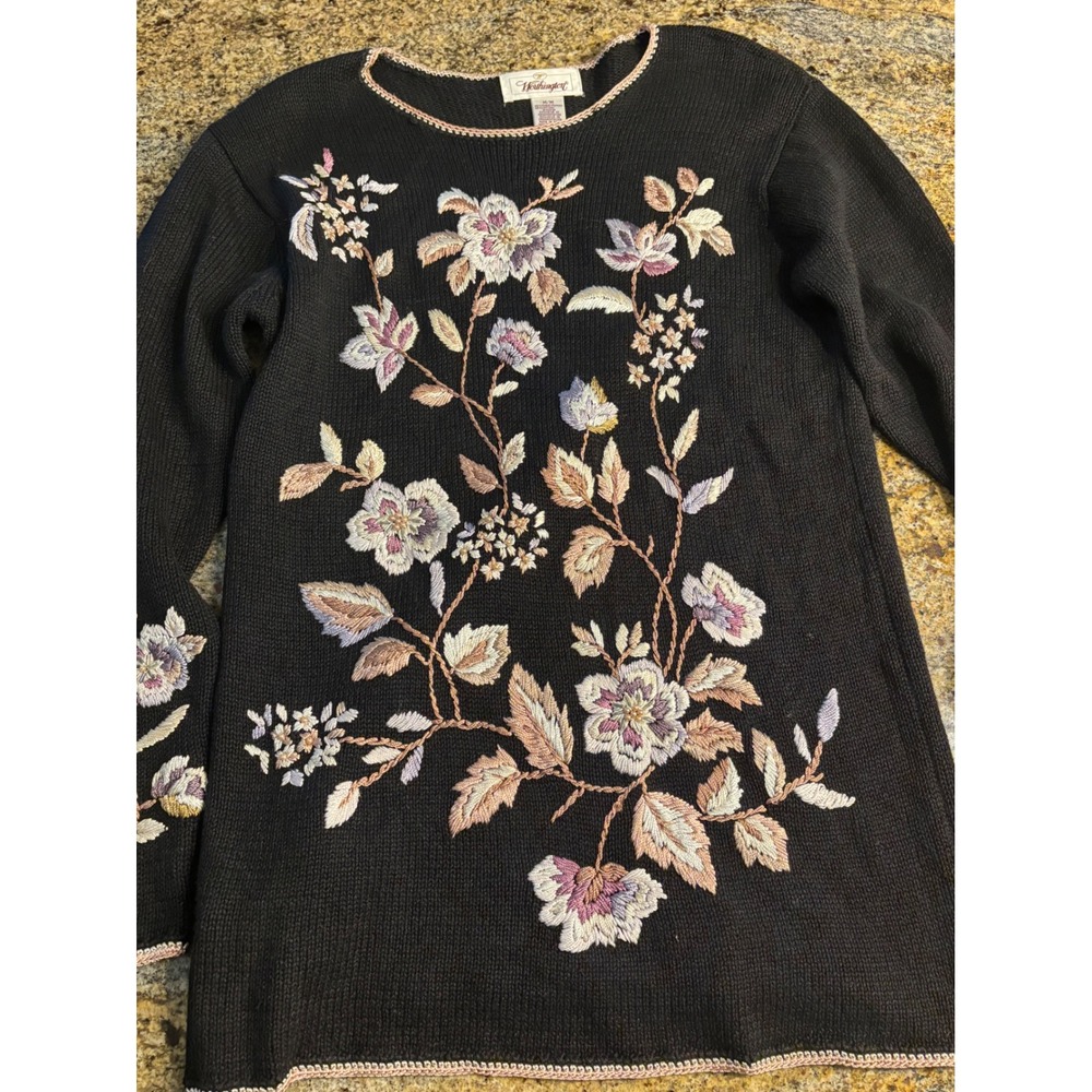 Vintage Worthington Floral Embroidered Knit Sweater Cottagecore Black Size M - Picture 4 of 8